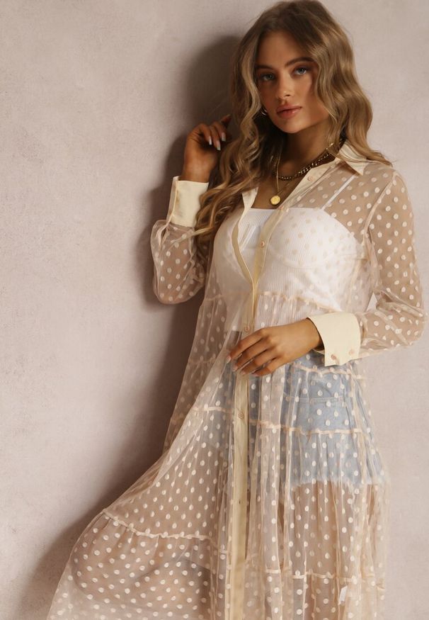 Renee - Beżowa Sukienka Faizah. Kolor: beżowy. Materiał: jeans, tkanina. Długość rękawa: długi rękaw. Styl: klasyczny. Długość: midi