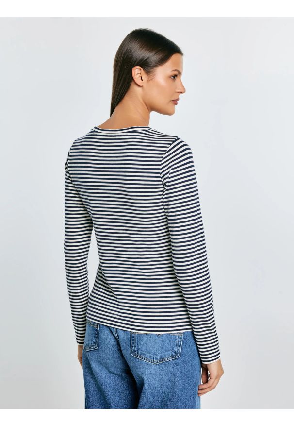 Big-Star - Bluzka damska w paski granatowa Vensa 403. Okazja: na co dzień. Kolor: niebieski. Materiał: dzianina, materiał, elastan, jeans, bawełna. Długość rękawa: długi rękaw. Długość: długie. Wzór: paski. Styl: casual, klasyczny