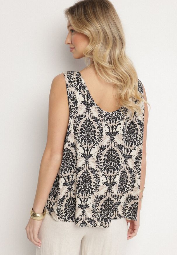 Born2be - Czarno-Beżowa Bluzka z Bawełny ze Wzorem Boho Napolea. Kolor: czarny. Materiał: bawełna. Styl: boho