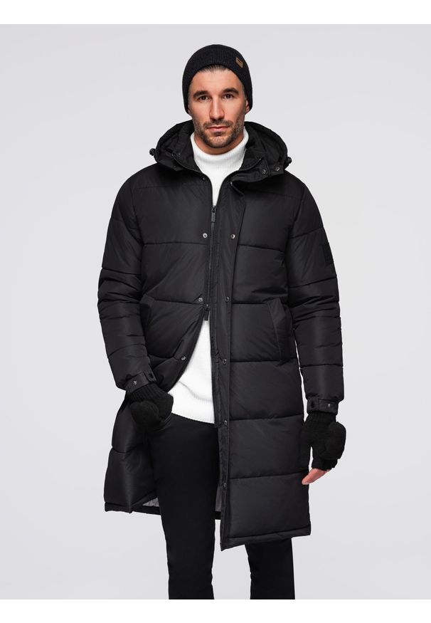 Ombre Clothing - Pikowana długa męska kurtka z odpinanym kapturem – czarna V1 - Rozmiar: L. Typ kołnierza: kaptur. Kolor: czarny. Materiał: syntetyk, materiał, tkanina, poliester, puch, guma. Długość: długie. Wzór: aplikacja, gładki, ze splotem