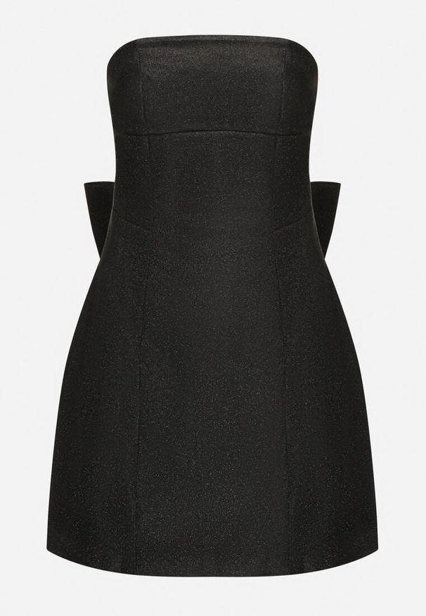 Born2be - Czarna Taliowana Brokatowa Sukienka Bez Ramiączek Ozdobiona Kokardą Salithlin. Okazja: na imprezę. Typ kołnierza: kokarda. Kolor: czarny. Długość rękawa: bez ramiączek. Wzór: aplikacja. Styl: klasyczny, elegancki