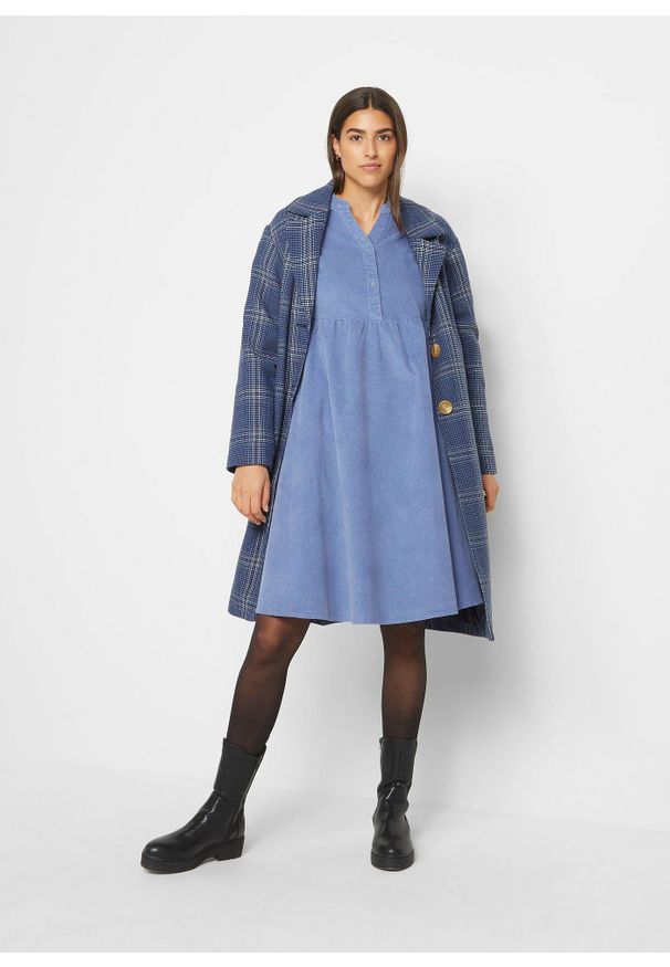 bonprix - Sukienka ze sztruksu z bawełny. Typ kołnierza: dekolt w serek. Kolor: niebieski. Materiał: sztruks, bawełna