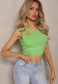 Renee - Jasnozielony Tank Top na Ramiączkach z Asymetrycznym Wycięciem Eraifa. Kolor: zielony. Materiał: prążkowany. Długość rękawa: na ramiączkach #3