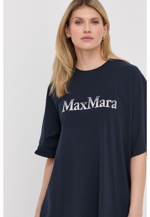 Max Mara Leisure t-shirt damski kolor granatowy. Kolor: niebieski. Materiał: bawełna. Długość rękawa: krótki rękaw. Długość: krótkie. Wzór: nadruk