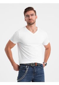 Ombre Clothing - Komplet koszulek z dekoltem V i elastanem oraz subtelnym logotypem 3-pak – mix biały/granatowy/czarny V1 - Rozmiar: S. Okazja: na co dzień. Kolor: biały. Materiał: elastan. Wzór: gładki, nadruk. Styl: klasyczny, casual #5