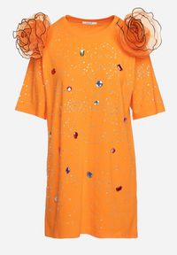 Born2be - Pomarańczowa Bluzka z Bawełny Ozdobiona Kwiatami Cyrkoniami i Kryształkami Leonea. Kolor: pomarańczowy. Materiał: bawełna. Wzór: aplikacja, kwiaty #5