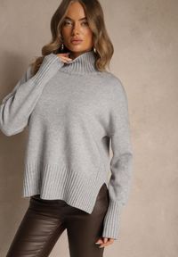 Renee - Szary Gładki Golf Casual Ralloria. Okazja: na co dzień. Typ kołnierza: golf. Kolor: szary. Materiał: jeans, prążkowany. Długość rękawa: długi rękaw. Długość: długie. Wzór: gładki. Styl: casual #4