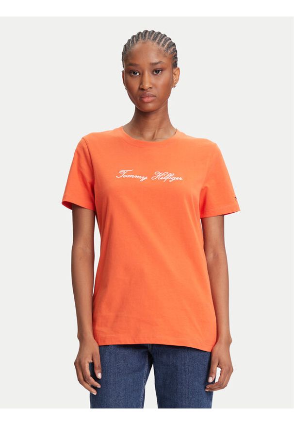 TOMMY HILFIGER - Tommy Hilfiger T-Shirt Script WW0WW45746 Pomarańczowy Regular Fit. Kolor: pomarańczowy. Materiał: bawełna