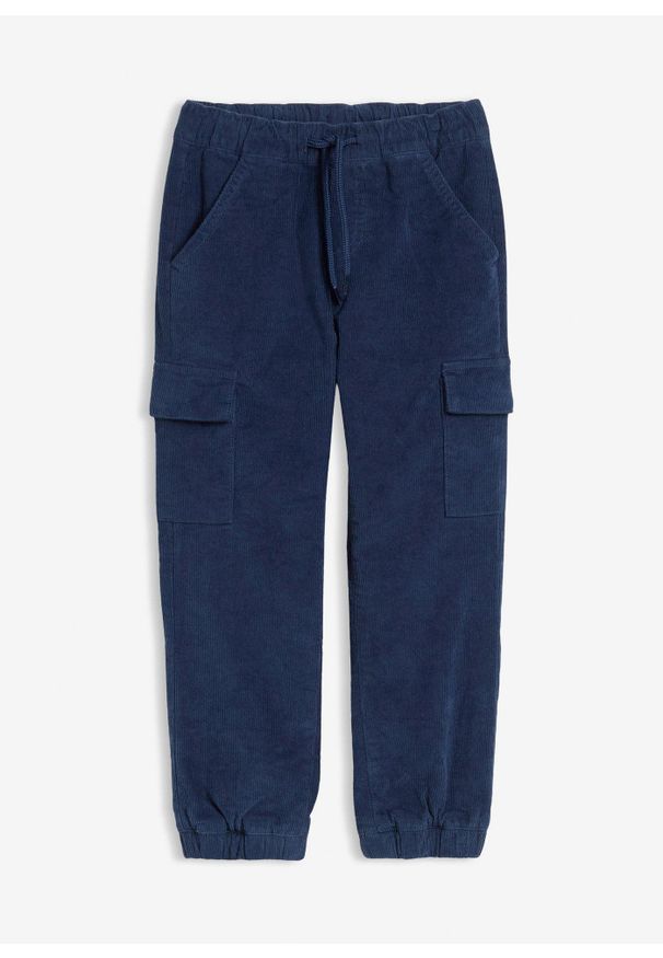bonprix - Termiczne spodnie z gumką w talii, regular fit, z kieszeniami cargo, ze sztruksu z podszewką z dżerseju. Kolor: niebieski. Materiał: jersey, sztruks
