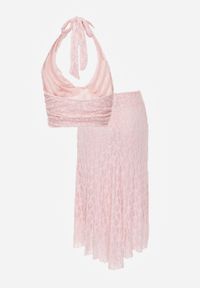 Born2be - Różowy Koronkowy Komplet Top Wiązany na Szyi i Spódnica Corinatea. Kolor: różowy. Materiał: koronka #7