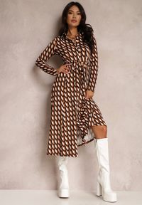 Renee - Brązowa Sukienka Koszulowa w Geometryczny Wzór Fendwe. Kolor: brązowy. Wzór: geometria. Typ sukienki: koszulowe #4