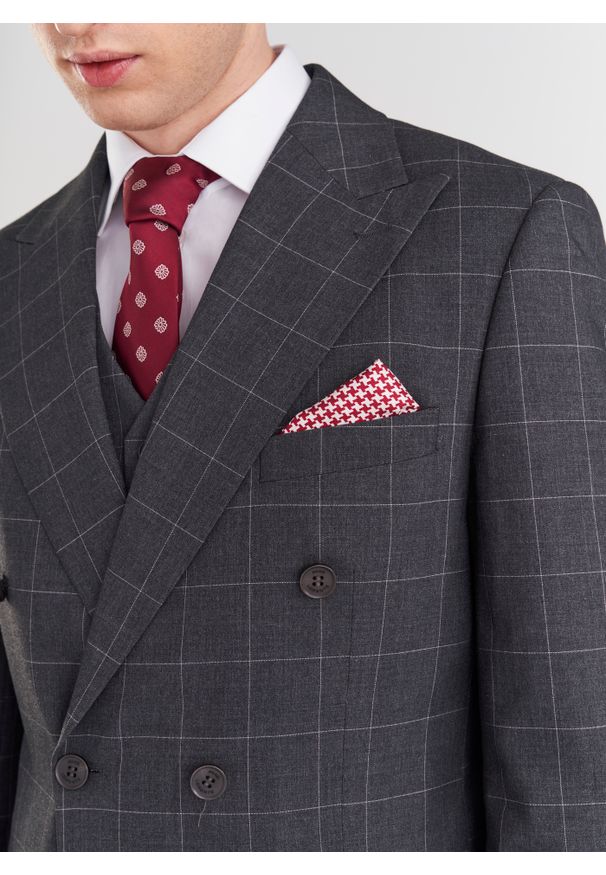 Pako Lorente - PAKO LORENTE – Szara dwurzędowa marynarka w kratę. Okazja: na wesele, na ślub cywilny. Kolor: szary. Materiał: wełna. Styl: klasyczny