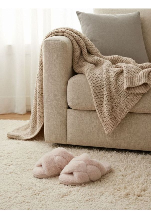 Sinsay - Kapcie z futerkiem - beżowy. Kolor: beżowy. Materiał: futro