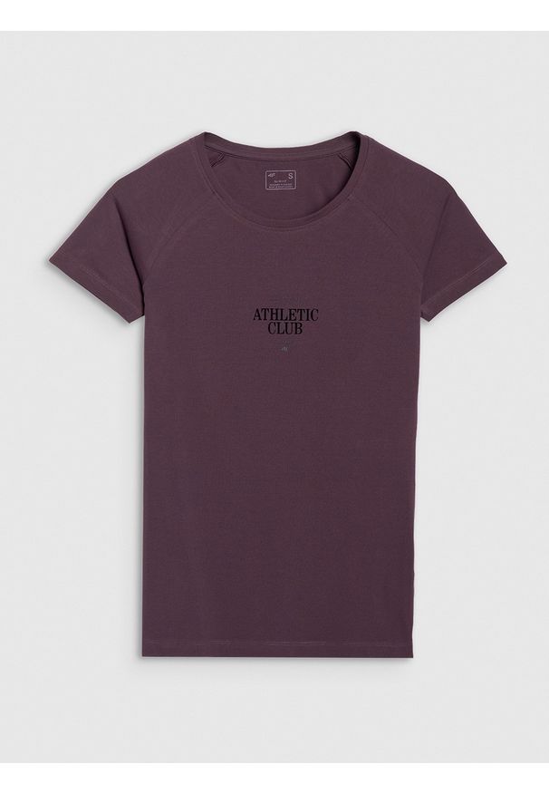 4f - 4F T-shirt slim z nadrukiem damski - fioletowy L. Okazja: na co dzień. Kolor: fioletowy. Materiał: bawełna, jersey, materiał, elastan. Długość rękawa: raglanowy rękaw. Wzór: nadruk. Styl: sportowy, klasyczny, casual