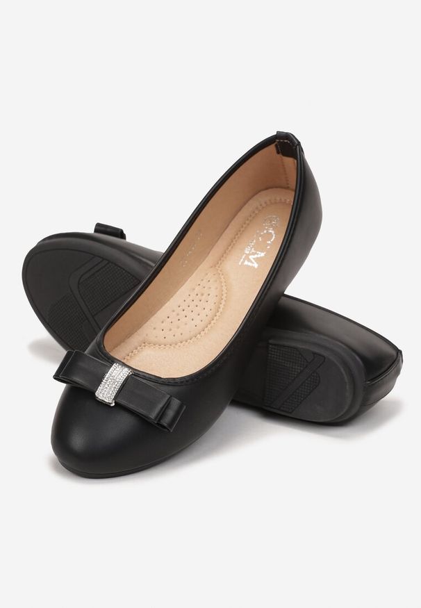 Renee - Czarne Balerinki z Ozdobną Kokardką z Cyrkoniami Ferniendha. Kolor: czarny. Styl: elegancki