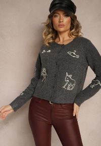 Renee - Szary Kardigan z Wełną na Guziki z Haftowanym Wzorem Nelyra. Okazja: na co dzień. Kolor: szary. Materiał: wełna. Wzór: haft. Styl: elegancki, casual #3