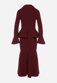 Born2be - Bordowy Dzianinowy Komplet z Wiskozą Spódnica i Sweter z Baskinką i Cyrkoniami Neora. Kolor: czerwony. Materiał: wiskoza, dzianina #5