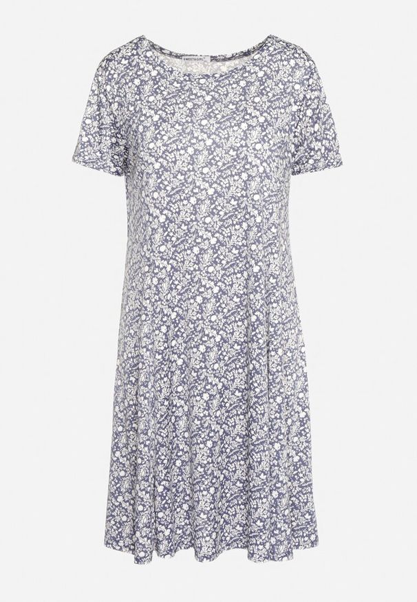 Born2be - Granatowa Sukienka w Drobne Kwiatki z Krótkim Rękawem z Wiskozy Cilarnid. Kolor: niebieski. Materiał: wiskoza. Długość rękawa: krótki rękaw. Wzór: kwiaty