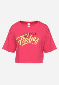 Born2be - Fuksjowy Bawełniany T-shirt Oversize o Krótkim Kroju z Nadrukiem Prismarina. Kolor: różowy. Materiał: bawełna. Długość: krótkie. Wzór: nadruk #6