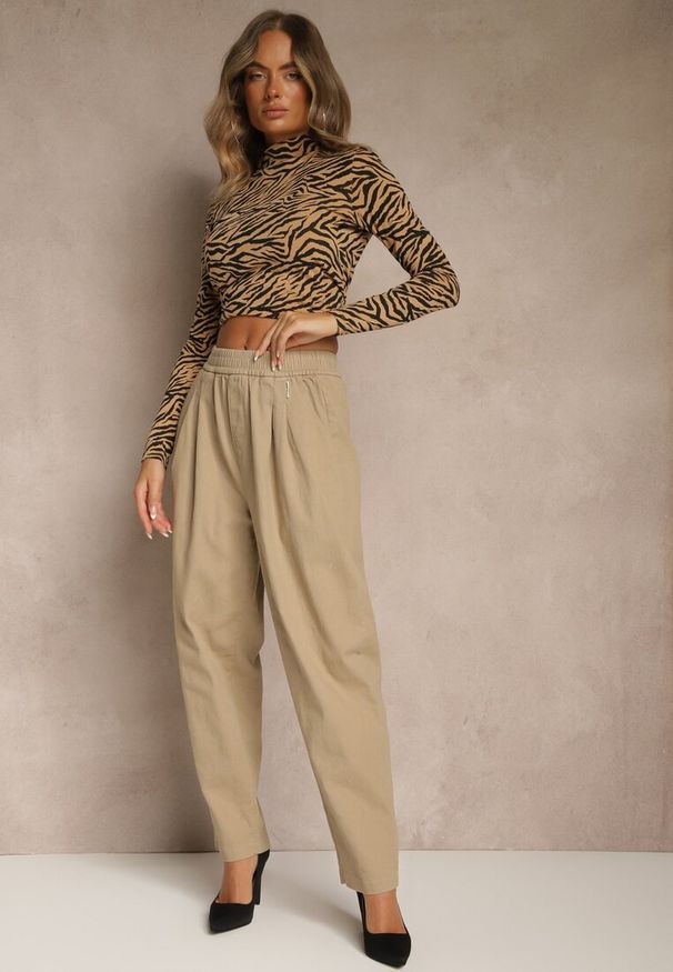 Renee - Beżowe Spodnie High Waist z Bawełny o Szerokim Kroju Nalitia. Okazja: na co dzień. Stan: podwyższony. Kolor: beżowy. Materiał: bawełna. Styl: casual