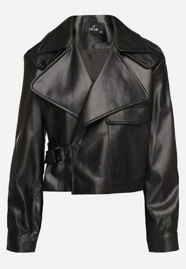 Born2be - Czarna Kurtka Ramoneska z Asymetrycznym Zapięciem na Sprzączkę o Kopertowym Kroju Ivalittes. Okazja: na co dzień. Kolor: czarny. Materiał: jeans. Długość rękawa: długi rękaw. Długość: długie. Styl: elegancki, casual, wizytowy