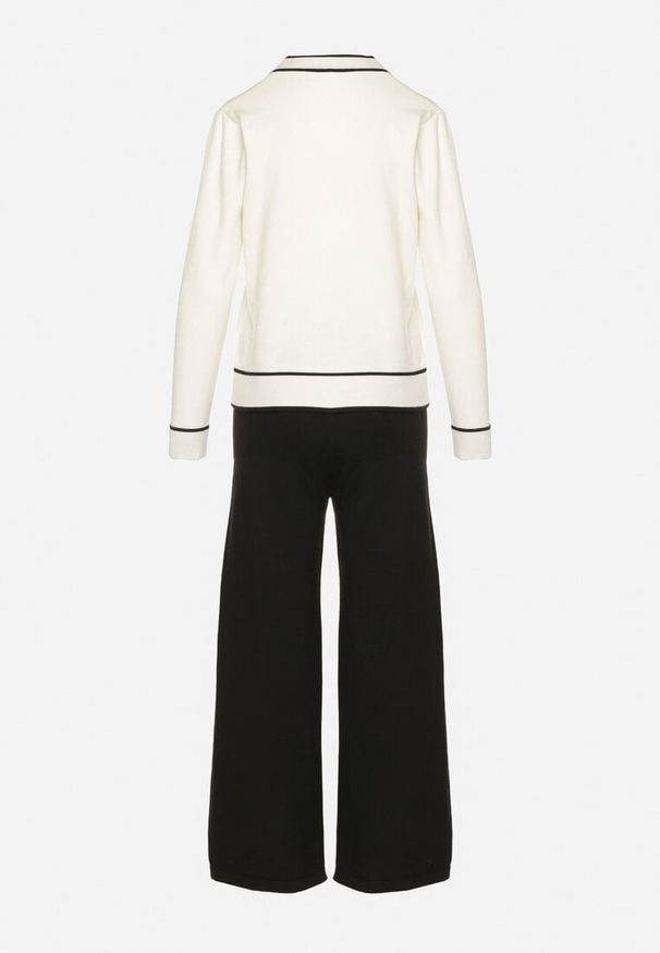 Born2be - Jasnobeżowy Dzianinowy Komplet Szerokie Spodnie i Kardigan z Lamówkami Gioresa. Kolor: beżowy. Materiał: dzianina. Wzór: gładki. Sport: turystyka piesza