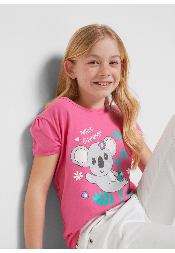 bonprix - T-shirt z czystej bawełny organicznej (2 szt.). Kolor: fioletowy. Materiał: bawełna. Długość rękawa: krótki rękaw. Długość: krótkie. Wzór: nadruk