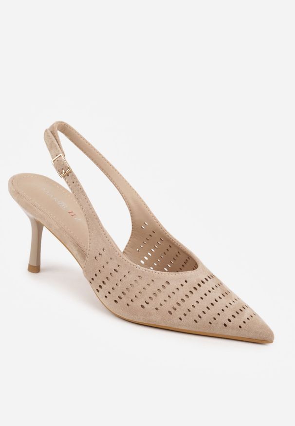 Renee - Beżowe Szpilki Slingback z Ażurową Cholewką Nessnore. Zapięcie: sprzączka. Kolor: beżowy. Materiał: satyna. Szerokość cholewki: normalna. Wzór: ażurowy. Obcas: na szpilce