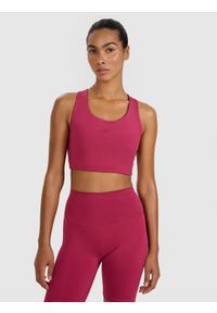 4f - 4F Biustonosz treningowy z niskim wsparciem - czerwony L. Kolor: czerwony. Materiał: elastan, włókno, syntetyk, materiał, guma. Rodzaj stanika: wyciągane miseczki. Wzór: gładki, ze splotem. Sport: fitness, joga i pilates #1