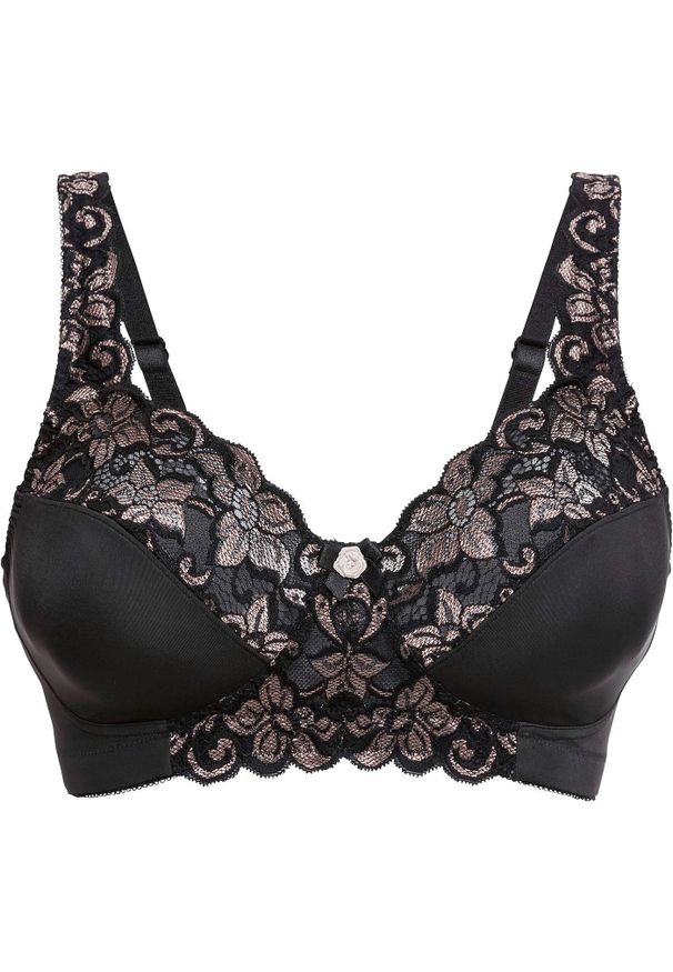 bonprix - Biustonosz minimizer bez fiszbinów z wyściełanymi ramiączkami. Kolor: czarny. Materiał: poliamid, koronka. Rodzaj stanika: wyściełane miseczki, różne sposoby noszenia. Wzór: koronka