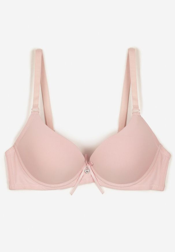 Born2be - Różowy Gładki Biustonosz Push Up z Ozdobną Aplikacją Idanisse. Kolor: różowy. Materiał: jeans. Rodzaj stanika: push-up. Wzór: aplikacja, gładki