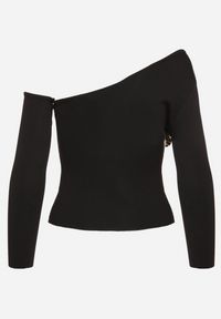Born2be - Czarna Asymetryczna Bluzka z Wiskozą Ozdobiona Kwiatem 3D Veladi. Kolor: czarny. Materiał: wiskoza. Wzór: aplikacja, kwiaty. Styl: elegancki #3