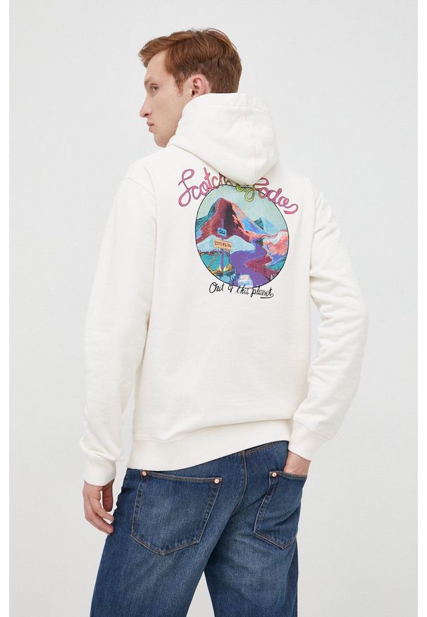 Scotch & Soda bluza bawełniana męska kolor beżowy z kapturem z nadrukiem. Typ kołnierza: kaptur. Kolor: beżowy. Materiał: bawełna. Wzór: nadruk