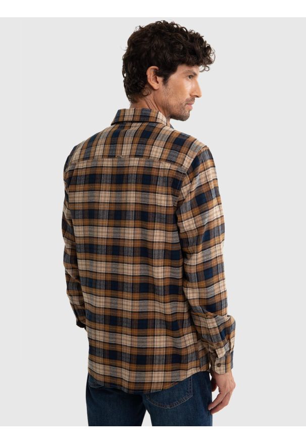 Big-Star - Koszula męska flanelowa w kratę brązowa Flanen 803. Kolor: brązowy. Materiał: jeans, materiał, bawełna. Długość rękawa: bez rękawów. Wzór: kratka. Sezon: jesień, zima. Styl: elegancki, retro, klasyczny