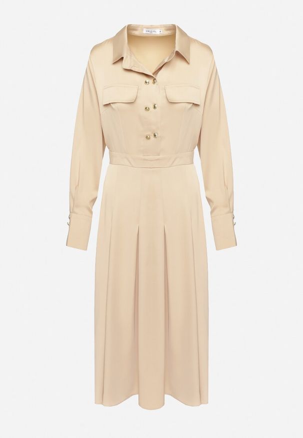 Born2be - Beżowa Rozkloszowana Sukienka o Koszulowym Kroju z Imitacją Kieszeni i Gumką w Talii Rizza. Okazja: na co dzień. Kolor: beżowy. Typ sukienki: koszulowe. Styl: wizytowy, casual, klasyczny, elegancki