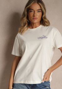 Renee - Jasnobeżowy T-shirt z Bawełny z Nadrukiem Adferia. Okazja: na co dzień. Kolor: beżowy. Materiał: bawełna. Wzór: nadruk. Styl: klasyczny, elegancki, casual
