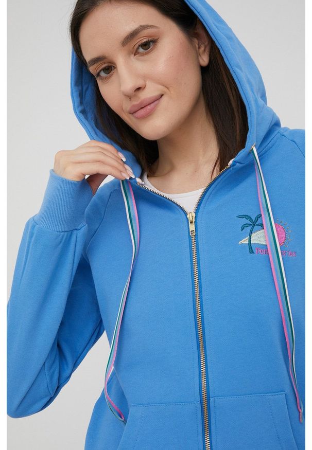 Femi Stories bluza bawełniana Bloom damska z kapturem z aplikacją. Okazja: na co dzień. Typ kołnierza: kaptur. Kolor: niebieski. Materiał: bawełna. Długość rękawa: raglanowy rękaw. Wzór: aplikacja. Styl: casual