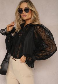 Renee - Czarna Koszula Ozdobiona Ornamentalną Koronką z Luźnymi Rękawami Eralla. Kolor: czarny. Materiał: koronka. Wzór: aplikacja, koronka #4