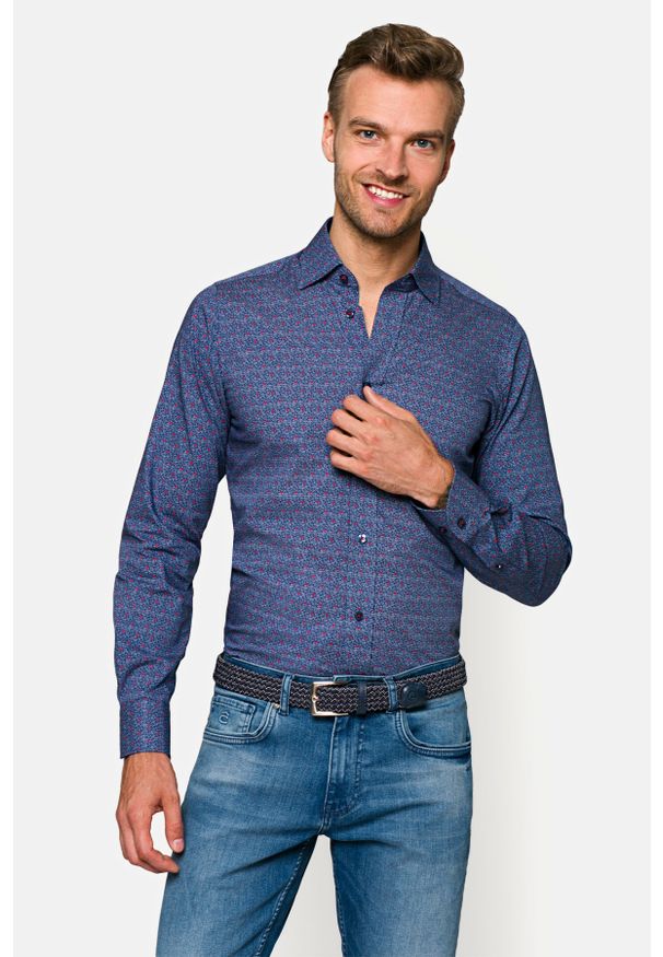 Lancerto - Koszula Granatowa w Kwiaty Frances. Okazja: na co dzień. Kolor: niebieski. Materiał: bawełna, tkanina, jeans. Wzór: kwiaty. Styl: elegancki, casual