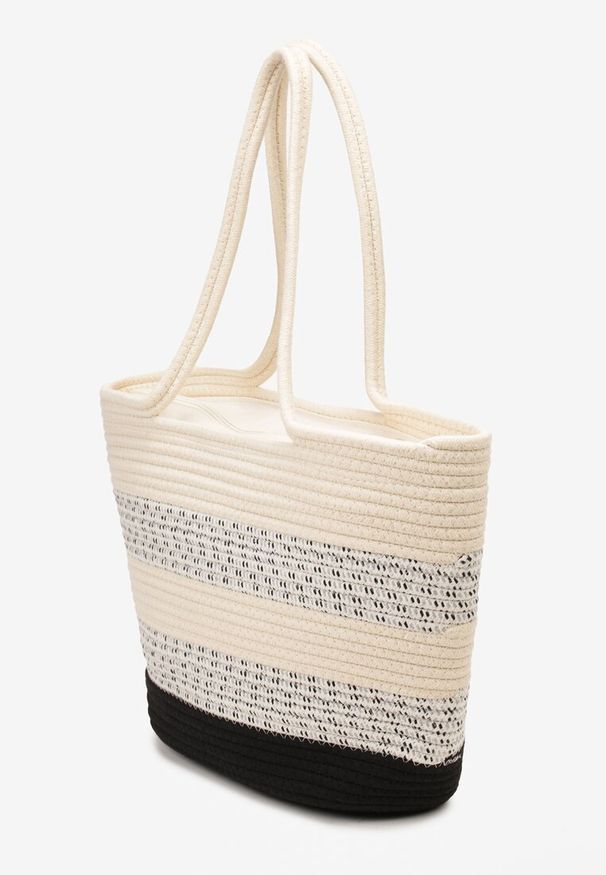 Born2be - Beżowo-Czarna Torebka w Stylu Boho o Trapezowym Fasonie Tote na Suwak Astrella. Kolor: beżowy. Sezon: lato. Styl: boho