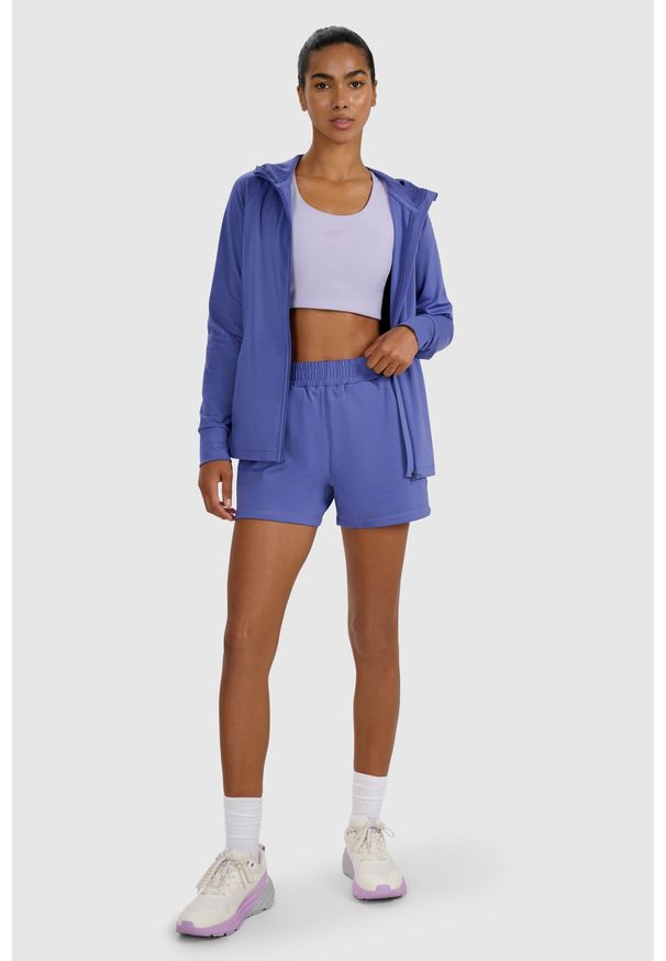 4f - 4F Bluza treningowa regular szybkoschnąca damska - granatowa L. Okazja: na co dzień. Typ kołnierza: kaptur. Kolor: niebieski. Materiał: dzianina, elastan, włókno, syntetyk, materiał. Długość rękawa: raglanowy rękaw. Wzór: gładki, ze splotem. Styl: casual, sportowy