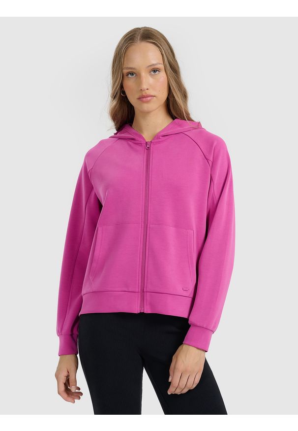4f - 4F Bluza dresowa rozpinana z modalem damska - różowa S. Okazja: na co dzień. Typ kołnierza: kaptur. Kolor: różowy. Materiał: dresówka. Styl: casual