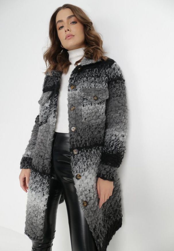 Born2be - Szary Płaszcz Wełniany Yoralin. Kolor: szary. Materiał: wełna. Długość rękawa: długi rękaw. Długość: długie. Wzór: gradientowy, ze splotem. Sezon: jesień. Styl: vintage