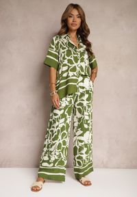 Renee - Zielono-Beżowy Letni Komplet Luźna Koszula z Krótkim Rękawem Szerokie Spodnie z Gumką w Talii Vikiimina. Kolor: zielony. Materiał: materiał, tkanina. Wzór: aplikacja #3