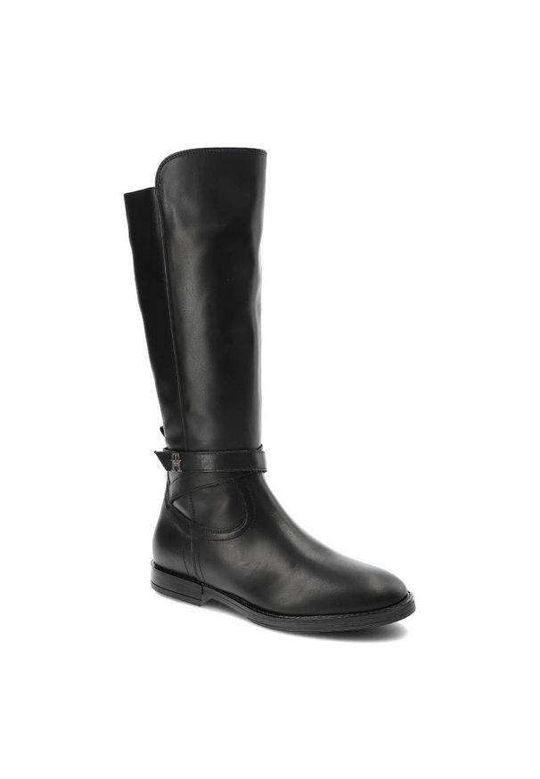 TOMMY HILFIGER - Czarne Kozaki Damskie Tommy Hilfiger Eleganckie Skórzane Buty. Kolor: czarny. Materiał: skóra. Szerokość cholewki: normalna. Wzór: aplikacja. Obcas: na obcasie. Styl: elegancki. Wysokość obcasa: niski