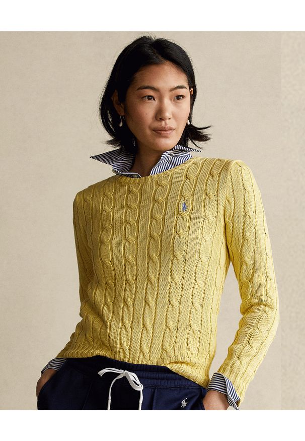 Ralph Lauren - RALPH LAUREN - Jasnożółty sweter z logo. Typ kołnierza: polo. Kolor: żółty. Materiał: bawełna. Długość: długie. Wzór: ze splotem. Styl: klasyczny