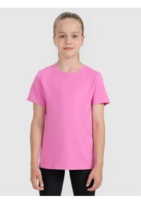4f - 4F T-shirt oversize gładki dziewczęcy - różowy 158 (12-13 lat). Okazja: na co dzień. Kolor: różowy. Materiał: dzianina, jersey, bawełna. Długość rękawa: krótki rękaw. Długość: krótkie. Wzór: gładki. Sezon: lato. Styl: casual, klasyczny, sportowy #1