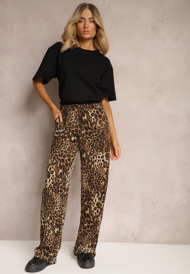 Renee - Beżowe Spodnie Panterkowe z Szerokimi Nogawkami High Waist z Zapięciem z Boku na Suwak Frisalie. Okazja: na co dzień. Stan: podwyższony. Kolor: beżowy. Materiał: tkanina. Sezon: lato. Styl: casual