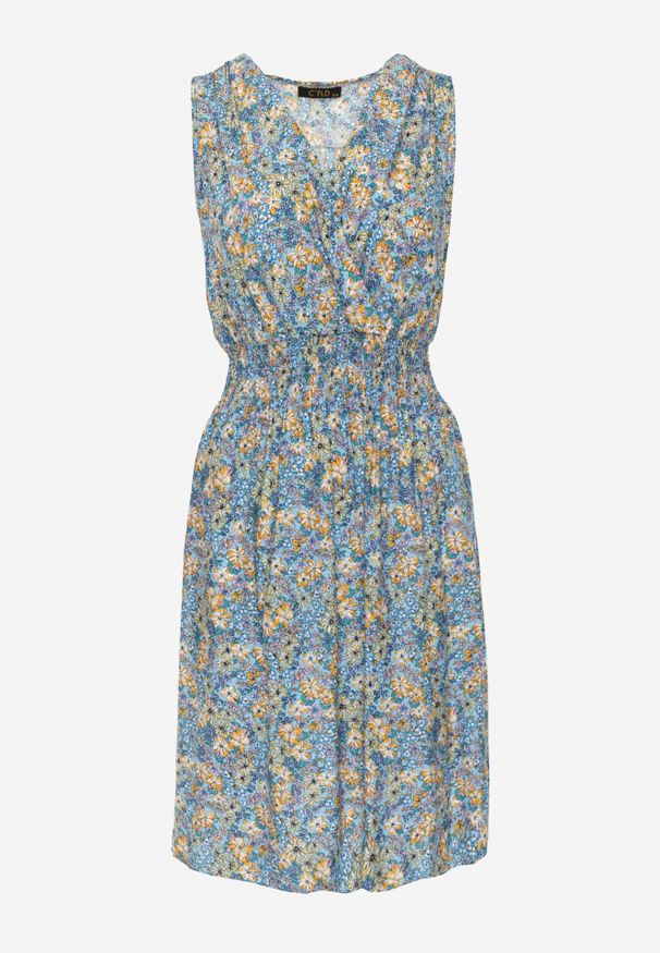 Renee - Jasnoniebieska Kwiecista Sukienka Midi z Wiskozy Bez Rękawów z Gumkami w Talii Sarunna. Okazja: na co dzień. Kolor: niebieski. Materiał: wiskoza. Długość rękawa: bez rękawów. Wzór: aplikacja. Sezon: wiosna, lato. Styl: casual. Długość: midi