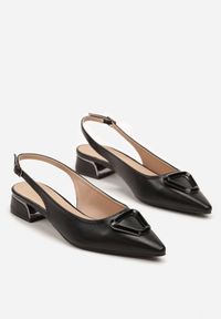 Renee - Czarne Sandały Vices Typu Slingback na Niskim Obcasie ze Skórzaną Wkładką Geometryczną Ozdobą Lilienia. Zapięcie: sprzączka. Kolor: czarny. Materiał: skóra. Wzór: geometria, aplikacja. Obcas: na obcasie. Styl: elegancki. Wysokość obcasa: niski